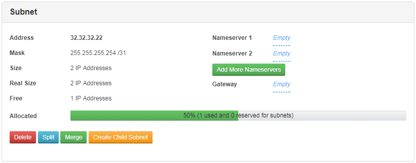 IP Manager 2.5.X For WHMCS: Subnet panel with address, mask, size, free addresses, nameservers, gateway and allocation