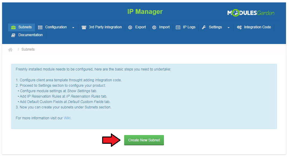 IP Manager 2.5.X For WHMCS: Subnets page with an arrow on the Create New Subnet button