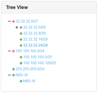 IP Manager 2.5.X For WHMCS: Tree View of subnets with child subnets, parent subnets and the selected subnet in bold