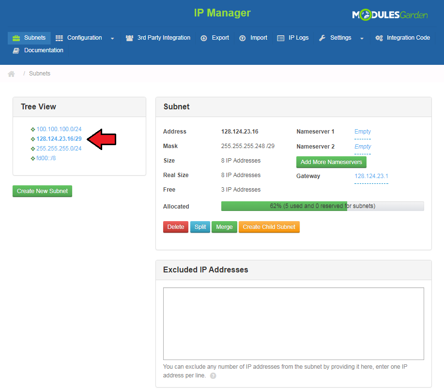 IP Manager 2.5.X For WHMCS: Subnets page with the tree view of added subnets and details of the selected subnet