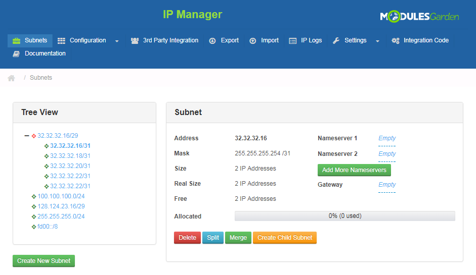 IP Manager 2.5.X For WHMCS: Subnets page with the tree view and details of the selected subnet with action buttons