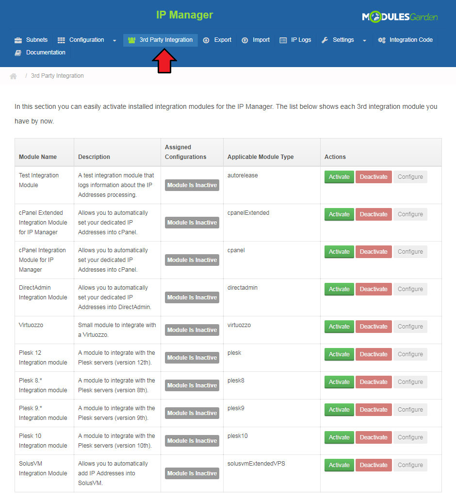 IP Manager 2.5.X For WHMCS: 3rd Party Integration tab listing integration modules with Activate and Configure buttons