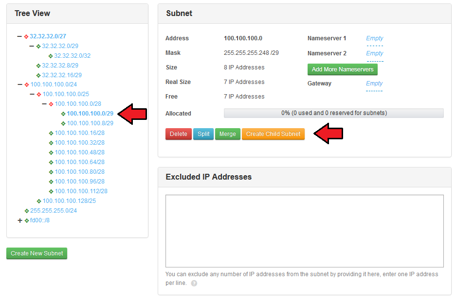 IP Manager 2.5.X For WHMCS: Subnets tree view with a child subnet selected and an arrow on the Create Child Subnet