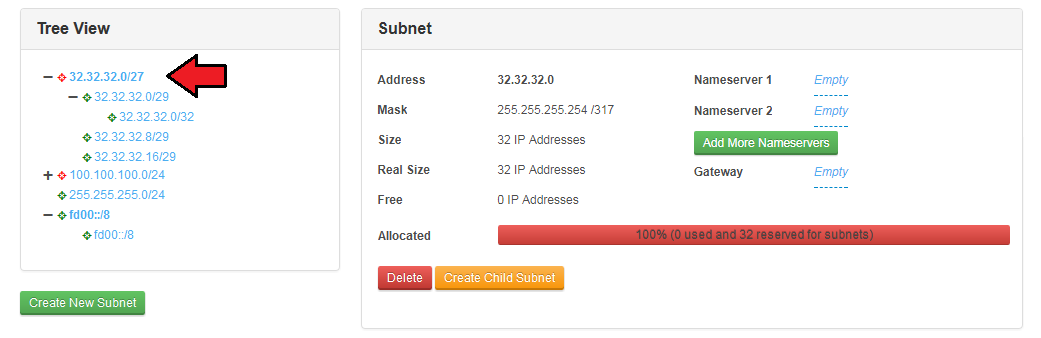 IP Manager 2.5.X For WHMCS: Subnets tree view with a parent subnet selected and its Delete and Create Child Subnet