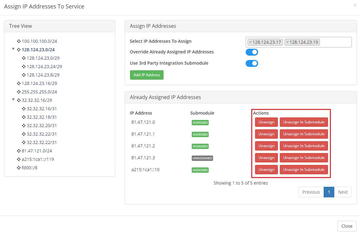 IP Manager 2.5.X For WHMCS: Assign IP Addresses To Service window with Unassign In Submodule buttons highlighted