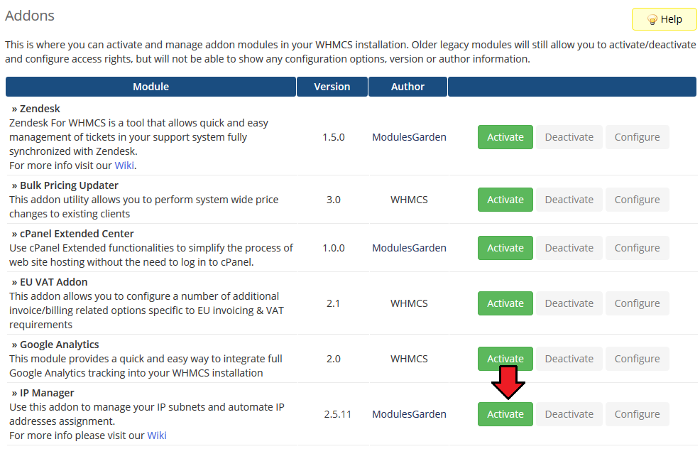 IP Manager 2.5.X For WHMCS: WHMCS Addon Modules list with the Activate button next to IP Manager
