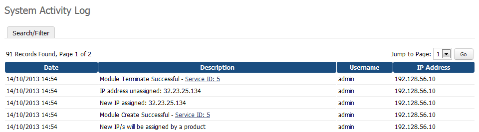 IP Manager 2.5.X For WHMCS: WHMCS System Activity Log in the admin area with module create and IP assigned entries
