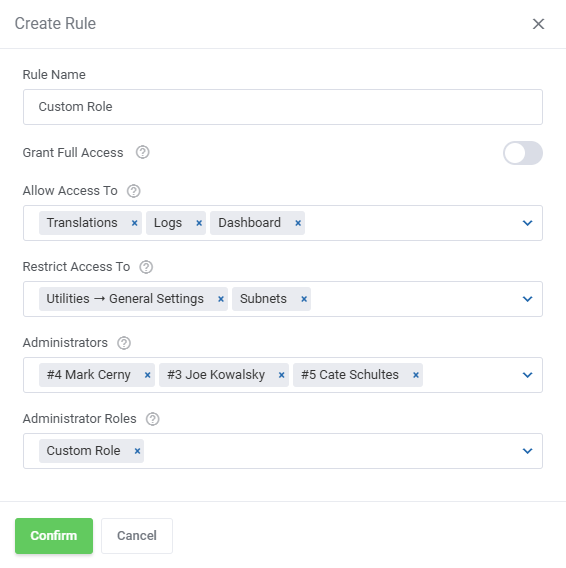 IP Manager For WHMCS: Create Rule form with allowed and restricted resources, administrators and roles filled in