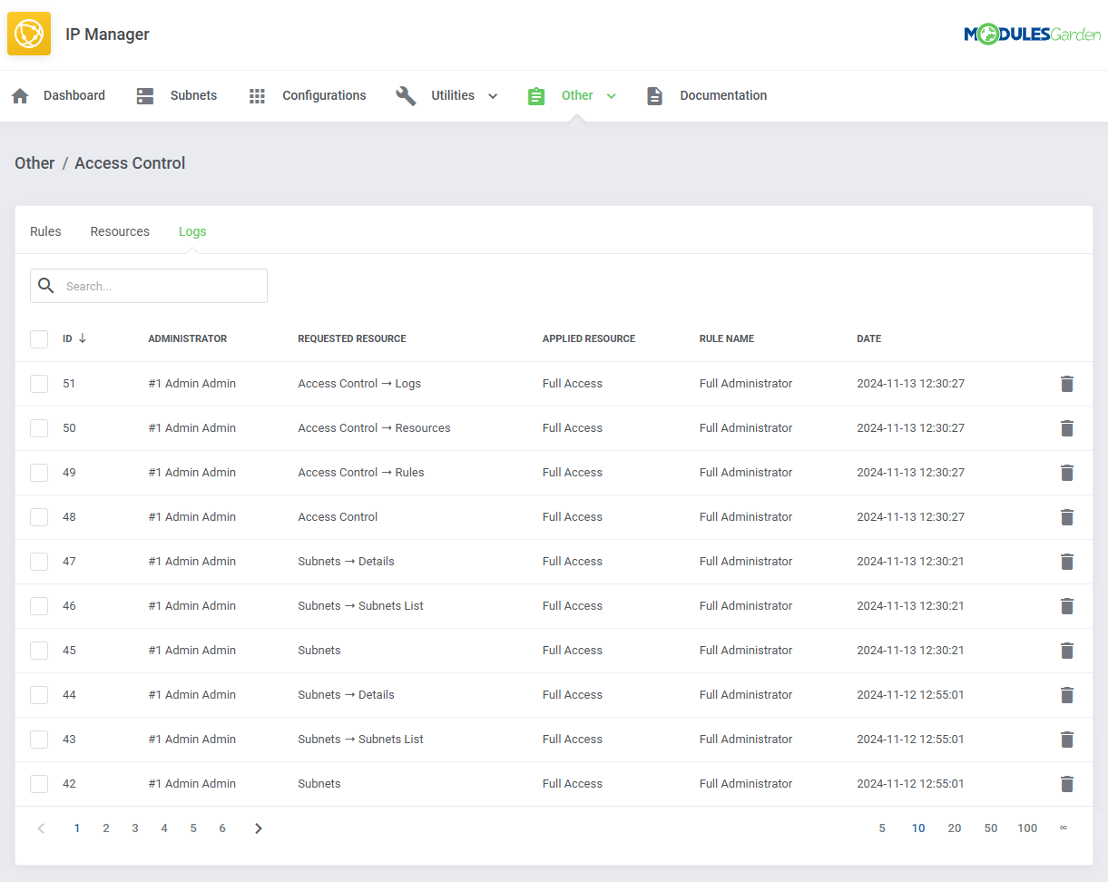 IP Manager For WHMCS: Access Control, Logs tab with requested resource, applied resource and rule name, and trash bin