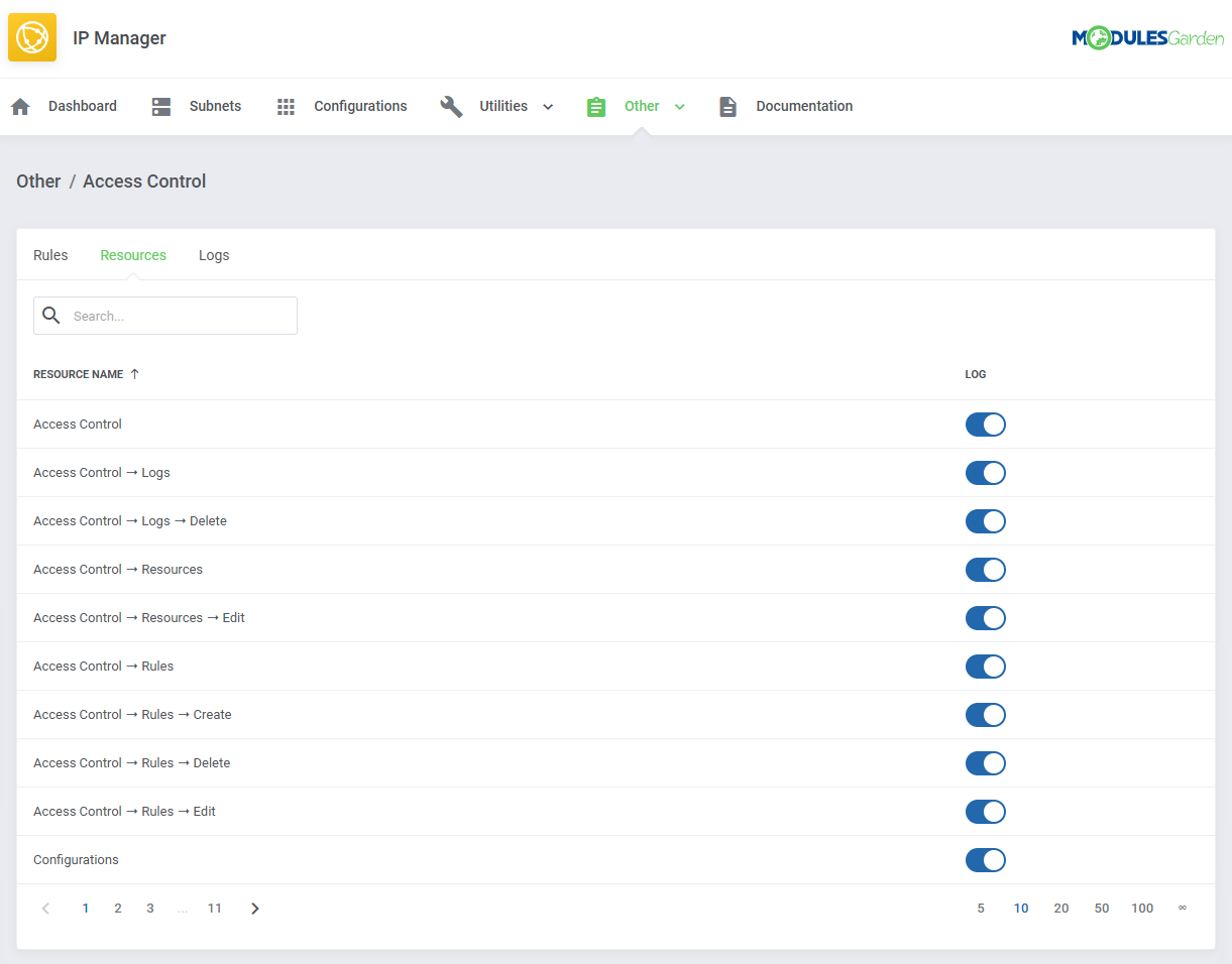 IP Manager For WHMCS: Access Control, Resources tab with a Log toggle enabled next to each resource name