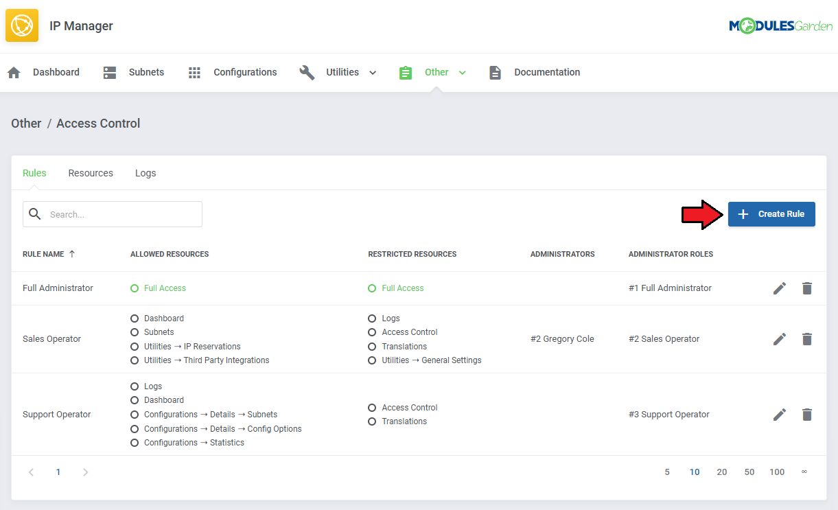 IP Manager For WHMCS: Access Control, Rules tab with existing role rules and the Create Rule button marked