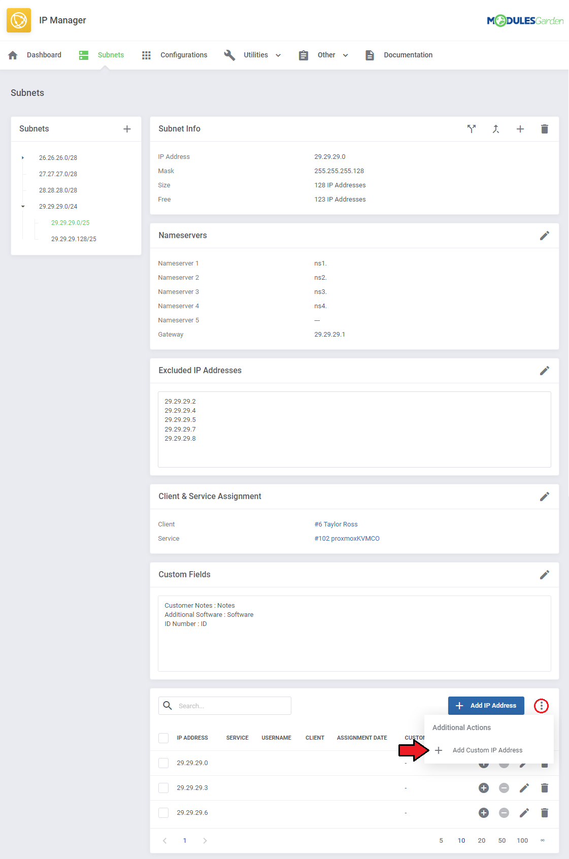 IP Manager For WHMCS: Additional Actions menu with the Add Custom IP Address option next to the IP address table