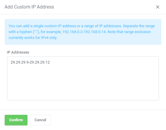 IP Manager For WHMCS: Add Custom IP Address dialog with an IP address range entered