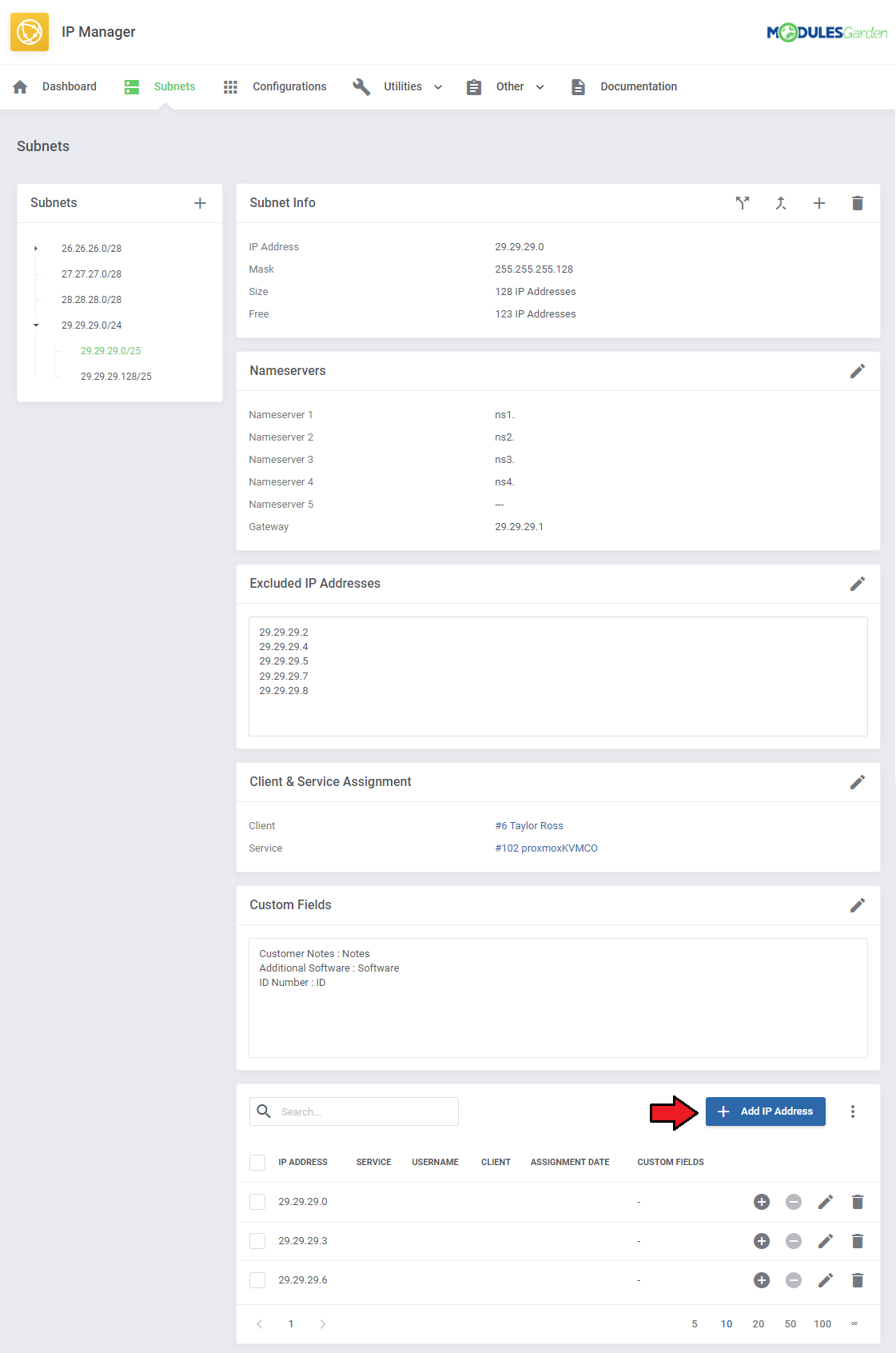 IP Manager For WHMCS: subnet page with the Add IP Address button above the IP address table
