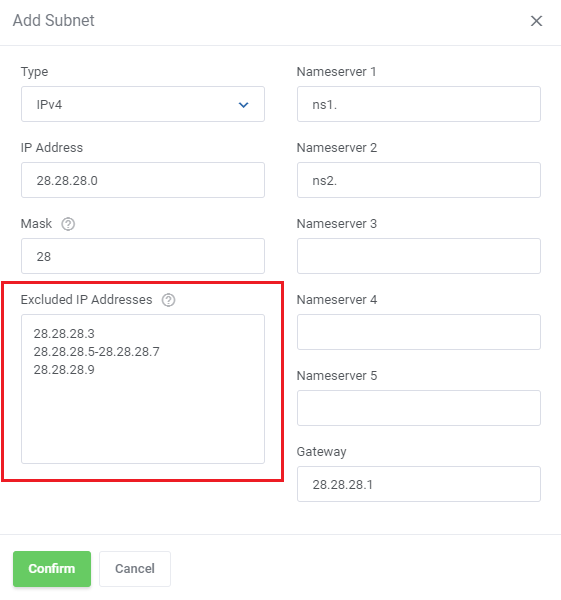 IP Manager For WHMCS: Add Subnet form with the Excluded IP Addresses text field highlighted