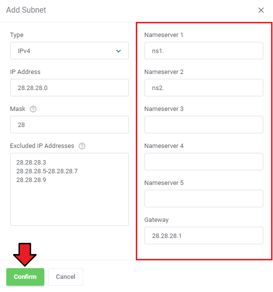 IP Manager For WHMCS: Add Subnet form with the nameserver and gateway fields highlighted and the Confirm button