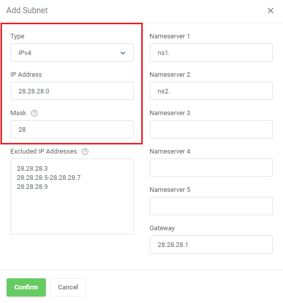 IP Manager For WHMCS: Add Subnet form with the Type, IP Address and Mask fields highlighted