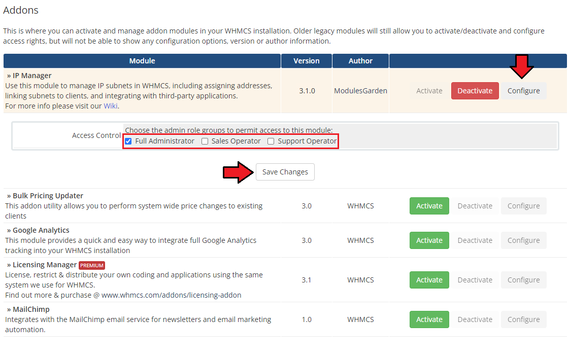 IP Manager For WHMCS: WHMCS Addon Modules access control with admin role checkboxes, Configure and Save Changes buttons