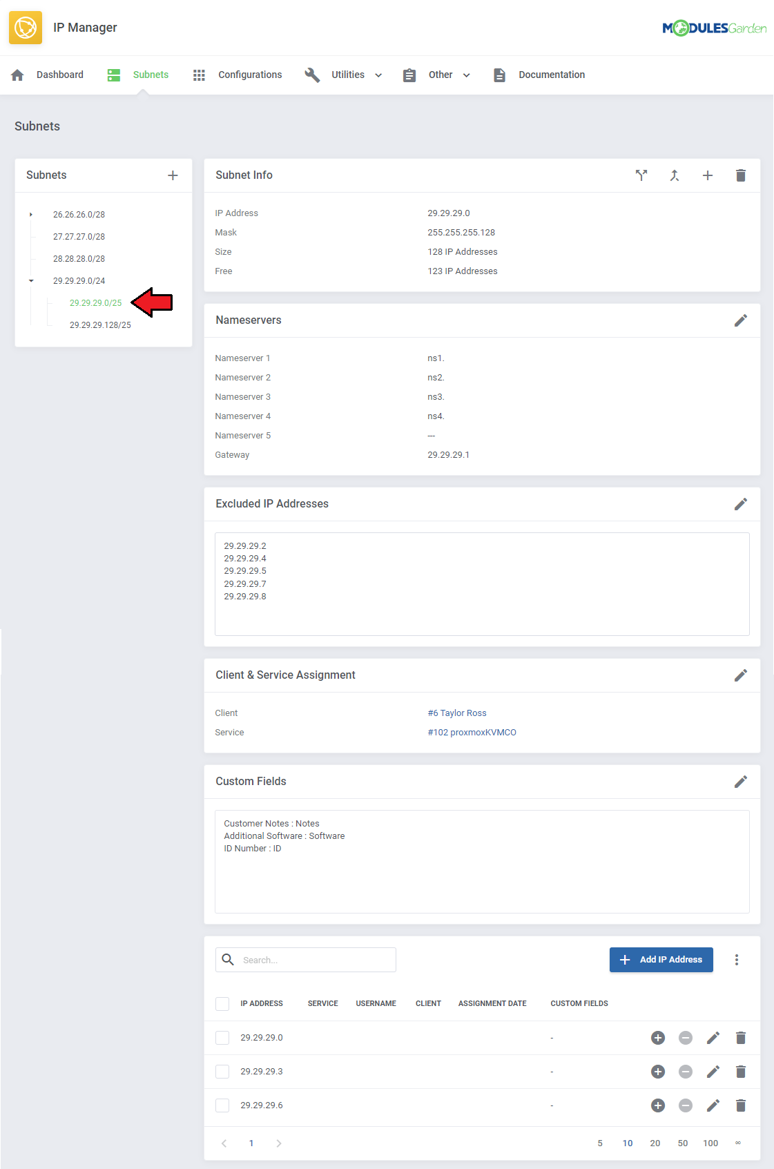 IP Manager For WHMCS: Subnets page with a child subnet selected and its details, excluded IPs and IP address table