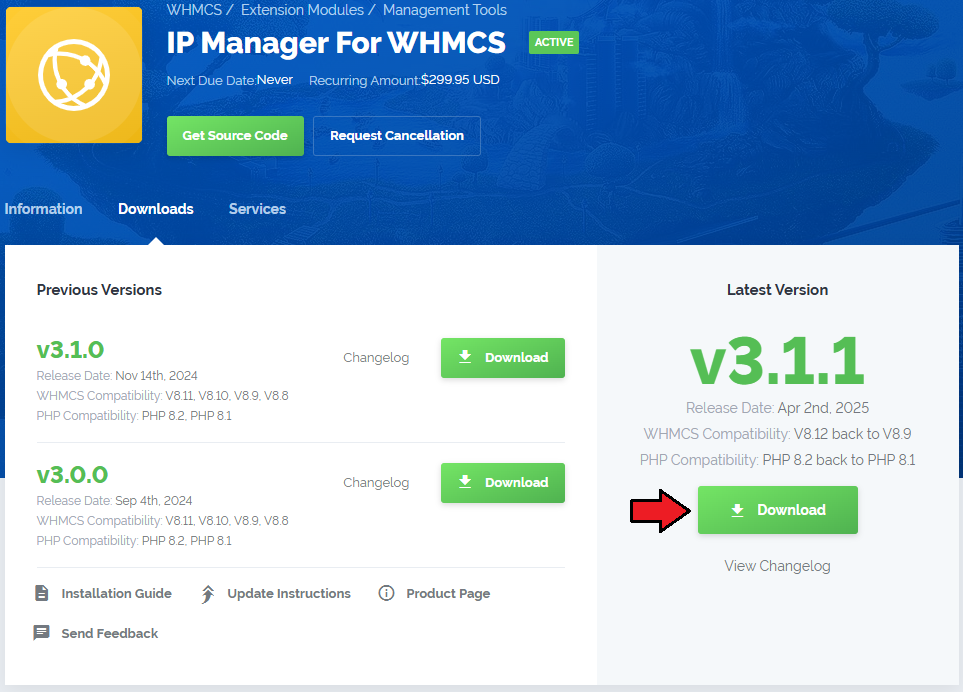 IP Manager For WHMCS: client area product page with the Downloads tab and the Download button for the latest version