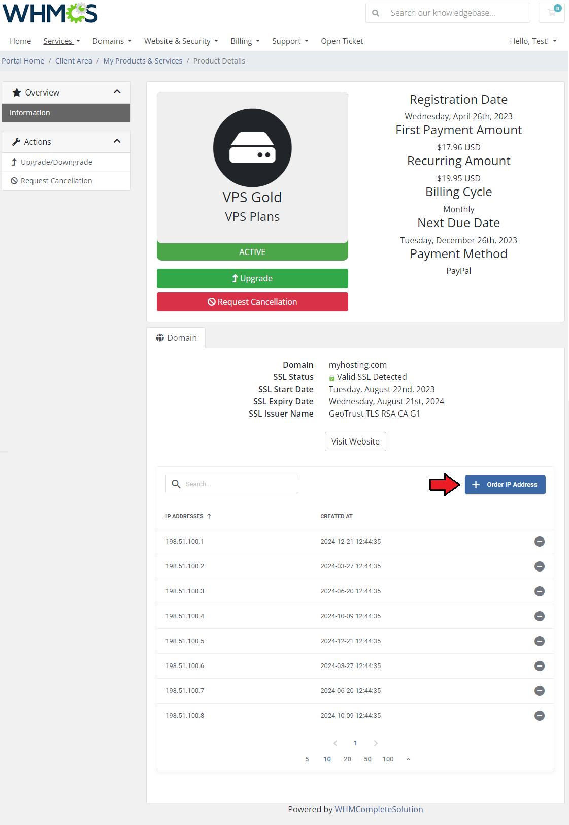 IP Manager For WHMCS: WHMCS client area product details with the Order IP Address button above the IP addresses table