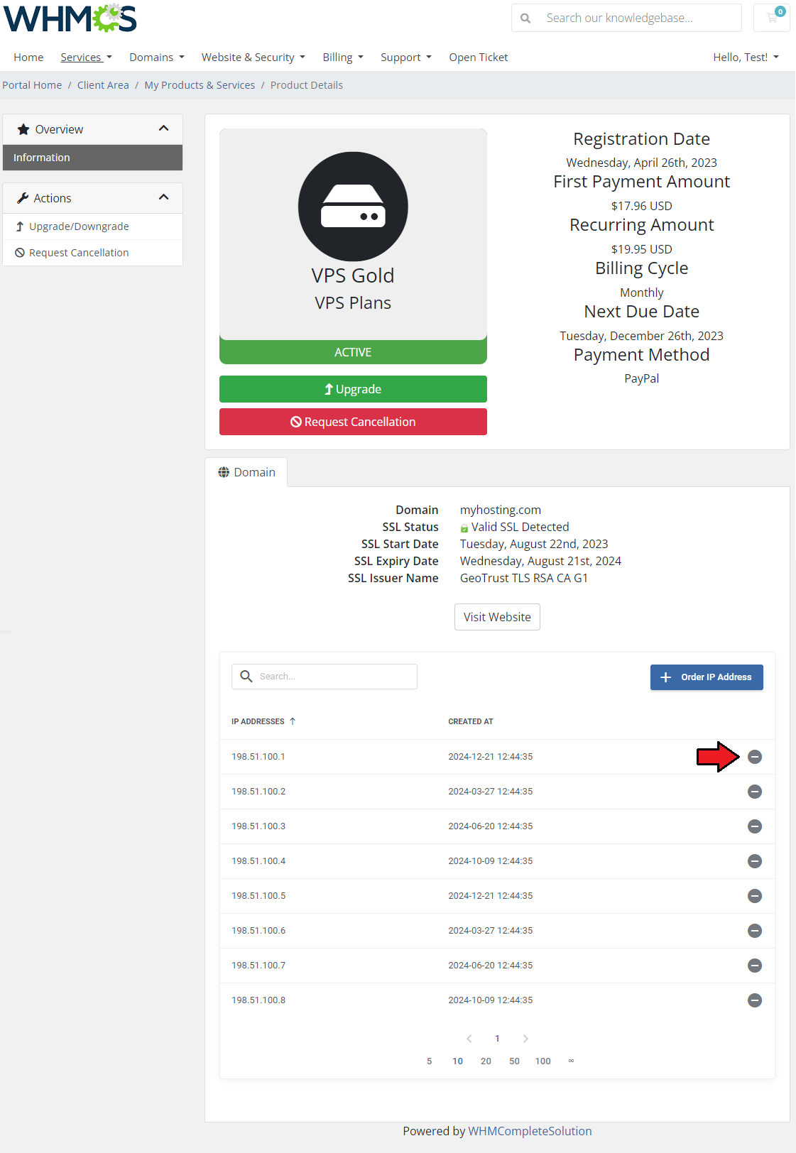 IP Manager For WHMCS: WHMCS client area product details with an IP addresses table and the Unassign button marked
