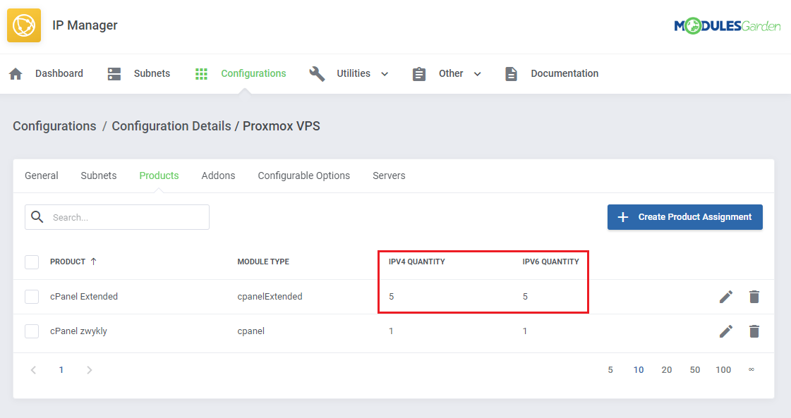 IP Manager For WHMCS: configuration details Products tab with changed IPv4 and IPv6 quantity values highlighted