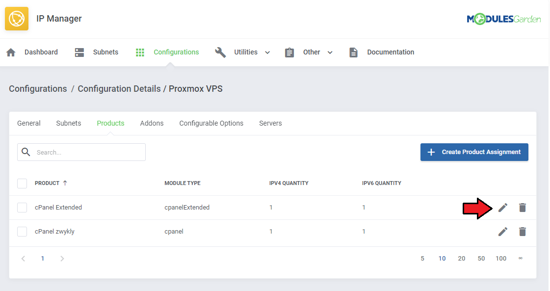IP Manager For WHMCS: configuration details Products tab with the edit icon for a product assignment