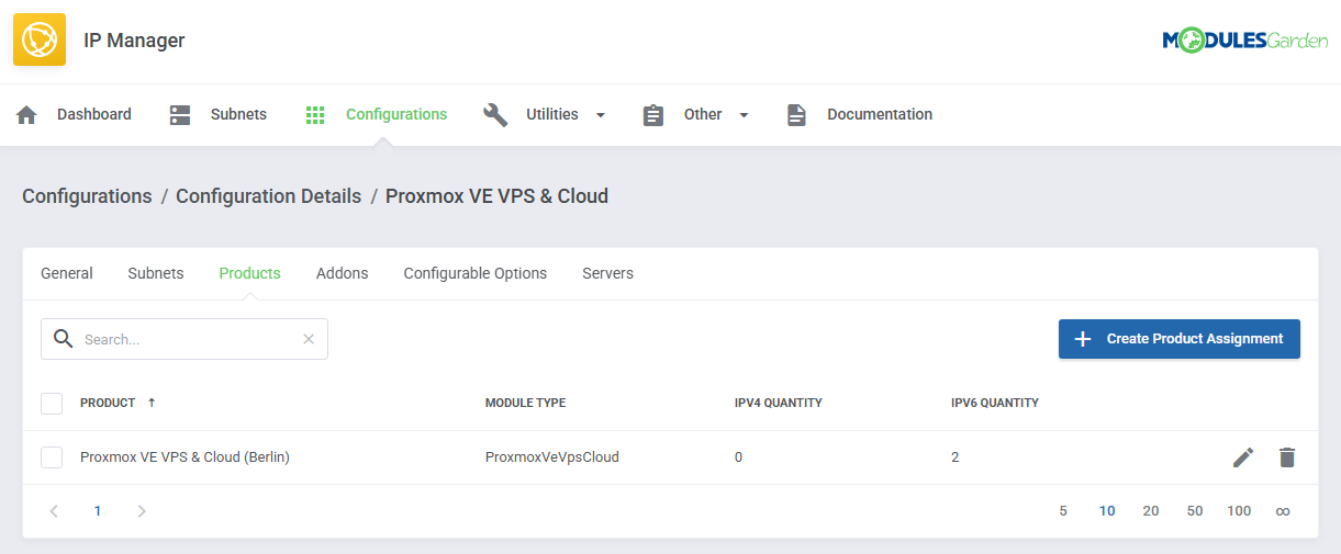 IP Manager For WHMCS: configuration details Products tab with a Proxmox VE VPS product and IPv6 quantity 2