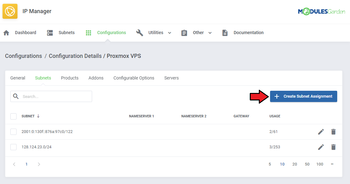 IP Manager For WHMCS: configuration details Subnets tab with the Create Subnet Assignment button