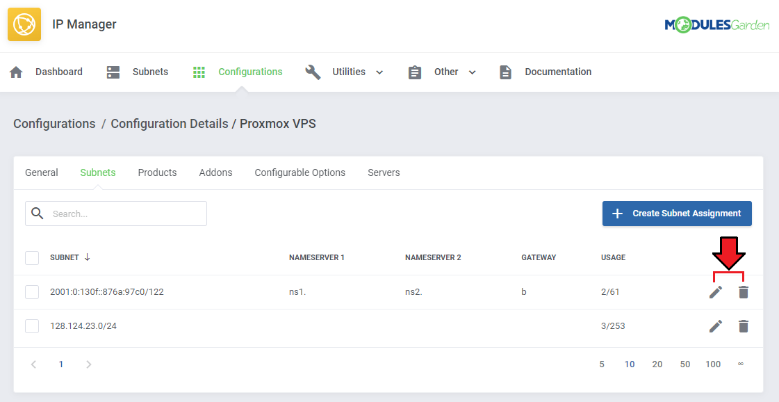 IP Manager For WHMCS: configuration details Subnets tab with the edit and delete icons for an assigned subnet