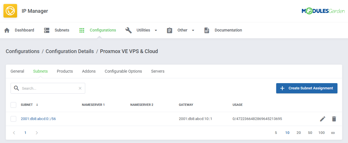 IP Manager For WHMCS: configuration details Subnets tab listing the parent /56 subnet with its gateway and usage