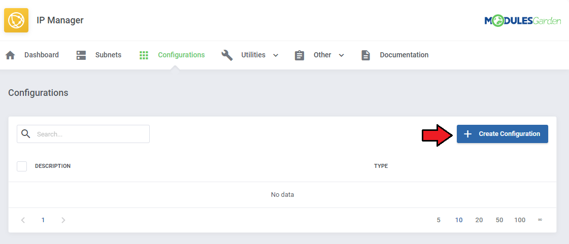 IP Manager For WHMCS: Configurations tab with an empty list and the Create Configuration button