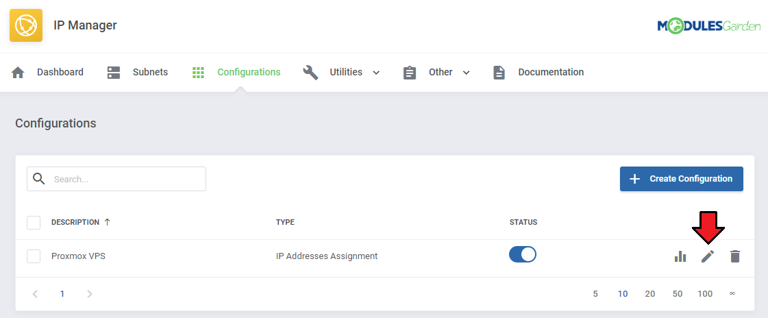 IP Manager For WHMCS: Configurations list with the Proxmox VPS configuration and the Edit icon