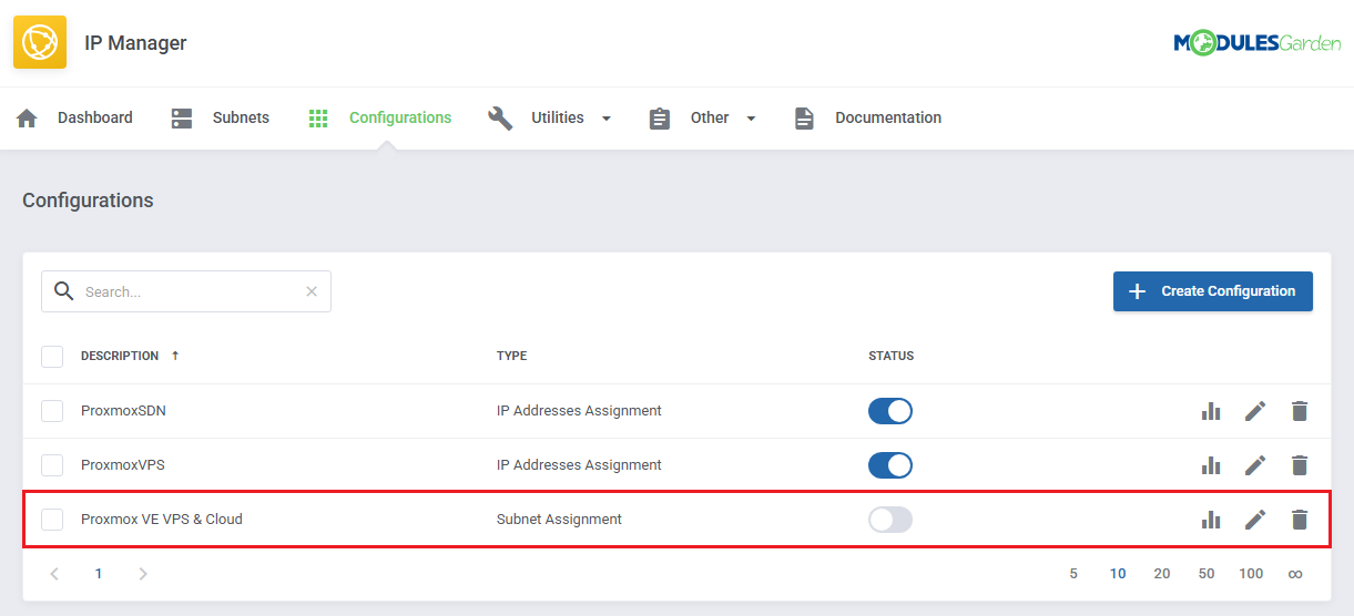 IP Manager For WHMCS: Configurations list with a Subnet Assignment configuration for Proxmox VE VPS and Cloud