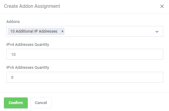 IP Manager For WHMCS: Create Addon Assignment form with the 10 Additional IP Addresses addon and IPv4 and IPv6