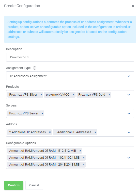 IP Manager For WHMCS: Create Configuration form with assignment type, products, servers, addons and options
