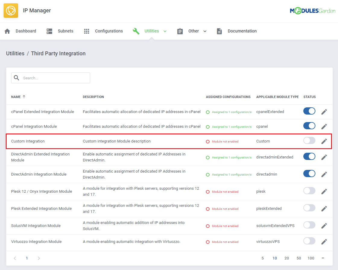 IP Manager For WHMCS: Third Party Integration list with the new Custom Integration module highlighted and not enabled
