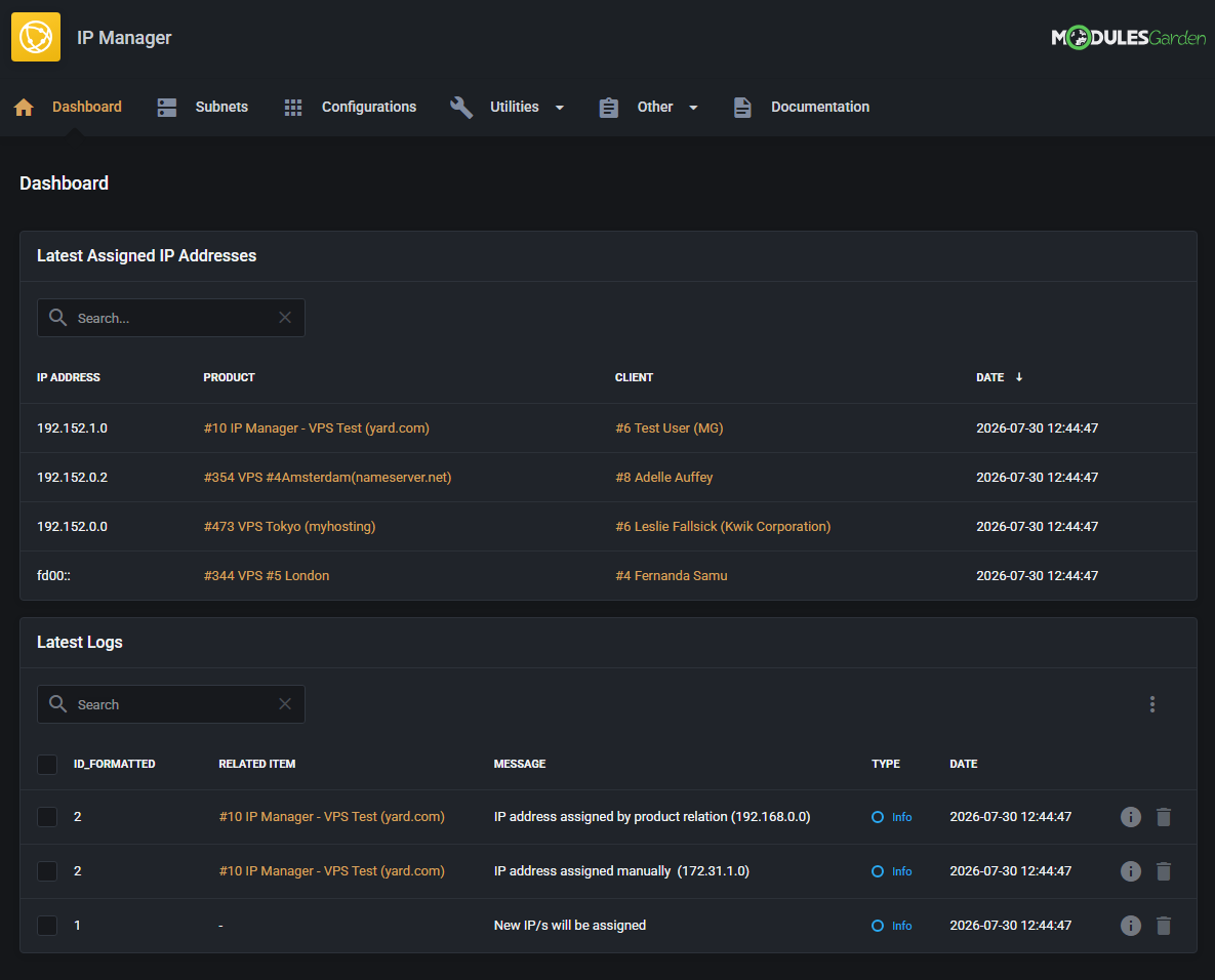IP Manager For WHMCS: module Dashboard in a dark theme with the Latest Assigned IP Addresses and Latest Logs widgets