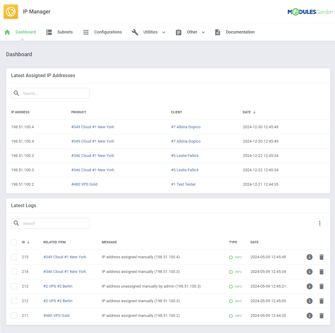 IP Manager For WHMCS: Dashboard with the Latest Assigned IP Addresses widget showing IP, product, client and date