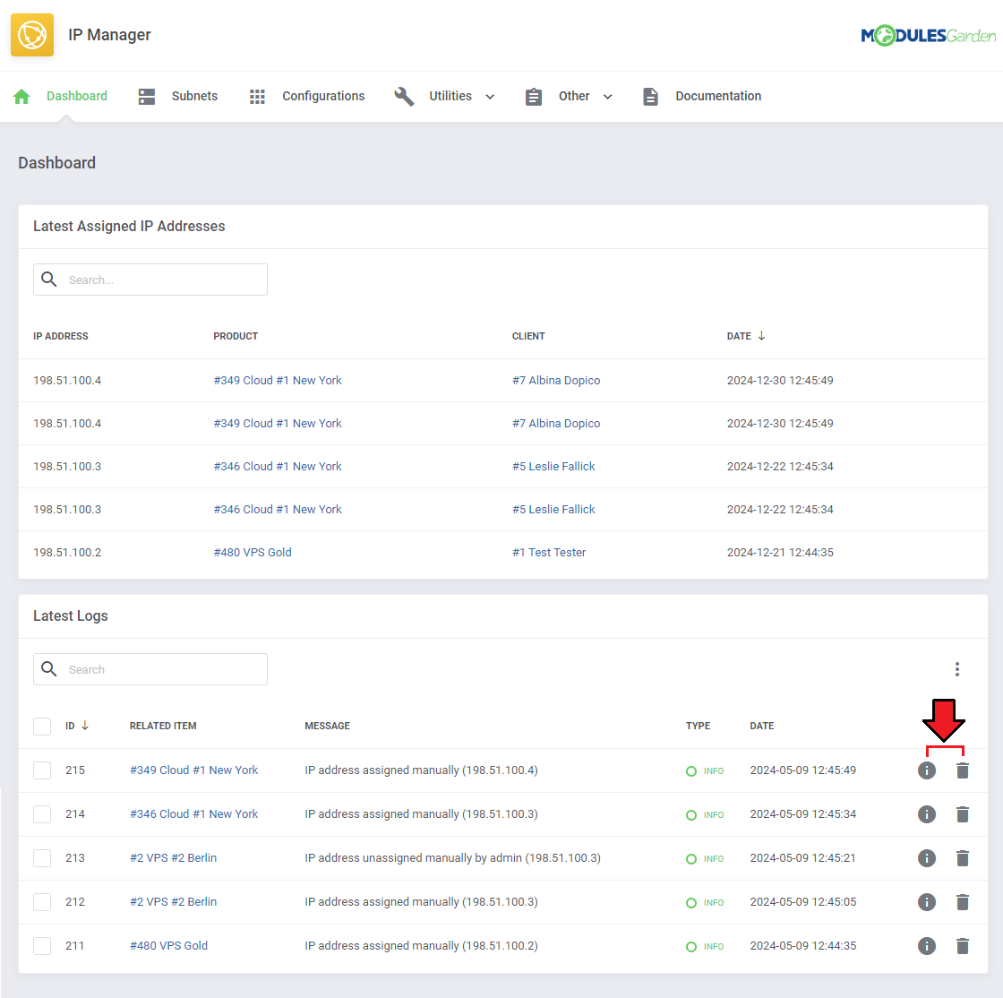 IP Manager For WHMCS: Dashboard Latest Logs widget with the info and delete action icons of a log entry marked