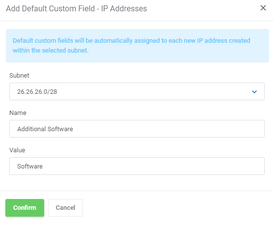 IP Manager For WHMCS: Add Default Custom Field - IP Addresses form with a subnet selected, a name and a value