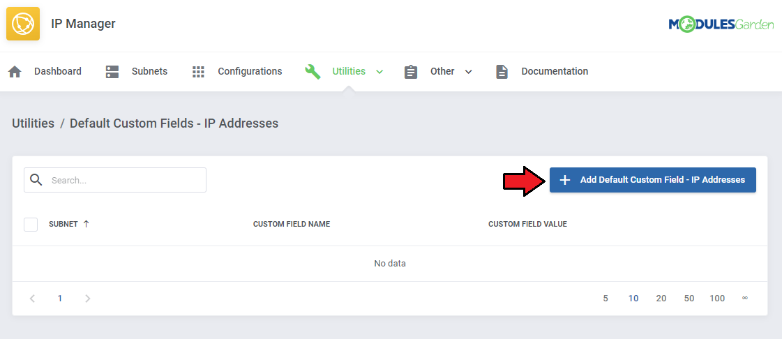 IP Manager For WHMCS: Default Custom Fields - IP Addresses page with an empty table and the add button marked