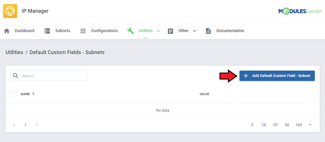 IP Manager For WHMCS: Utilities, Default Custom Fields - Subnets page with an empty table and the add button marked