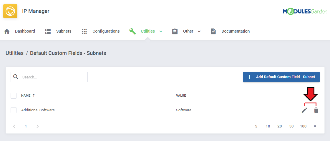 IP Manager For WHMCS: Default Custom Fields - Subnets list with a custom field and the edit and delete icons marked