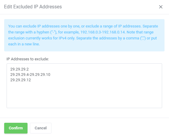 IP Manager For WHMCS: Edit Excluded IP Addresses dialog with a list of IPs and an IP range to exclude