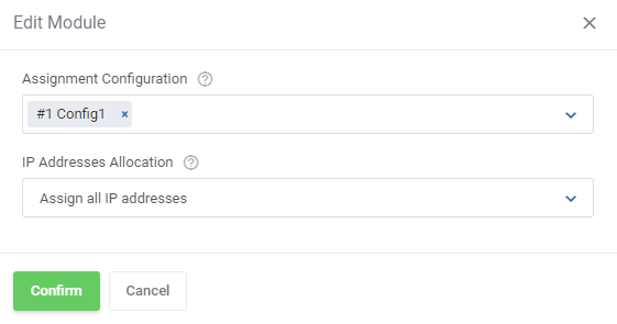 IP Manager For WHMCS: Edit Module dialog with Assignment Configuration and IP Addresses Allocation fields