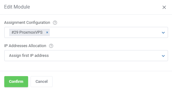 IP Manager For WHMCS: Edit Module window with Assignment Configuration and IP Addresses Allocation set to first IP