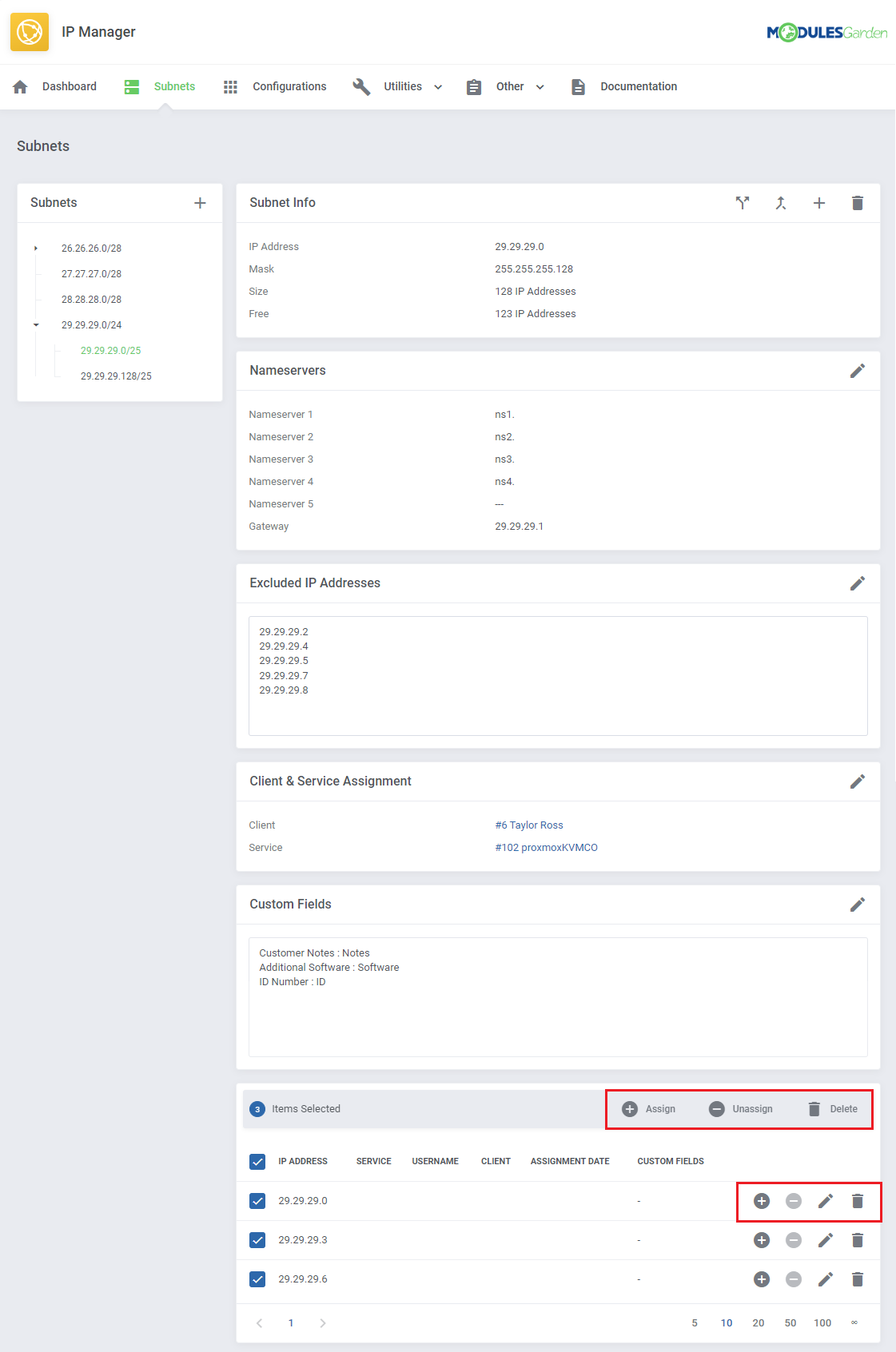 IP Manager For WHMCS: IP address table with selected rows and the Assign, Unassign and Delete mass action buttons