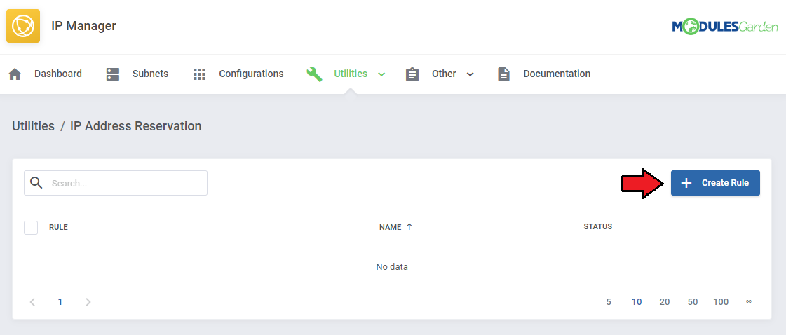 IP Manager For WHMCS: Utilities, IP Address Reservation page with an empty rules table and the Create Rule button